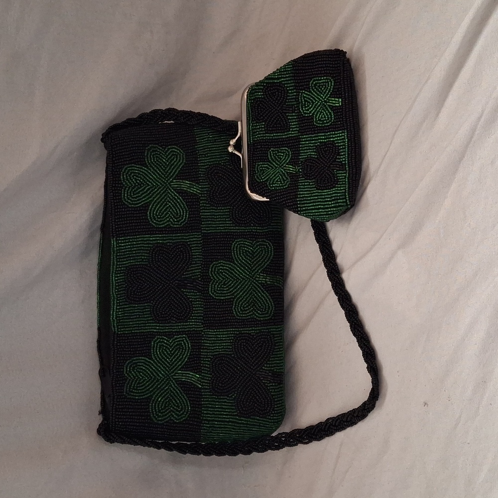 Elegant Black and Green Beaded Women's Bag Set